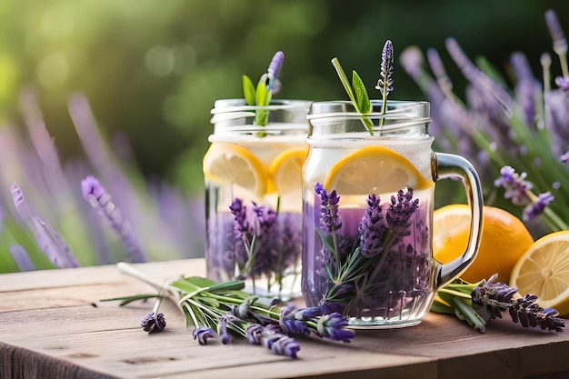 Lavanda en un tarro de albañil con flores de lavanda