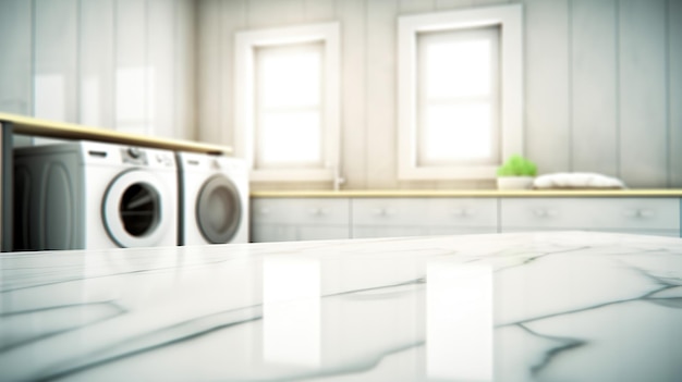Lavanderia branca embaçada com máquina de lavar moderna e tampo de mesa de mármore vazio Espaço em branco para exibição do produto