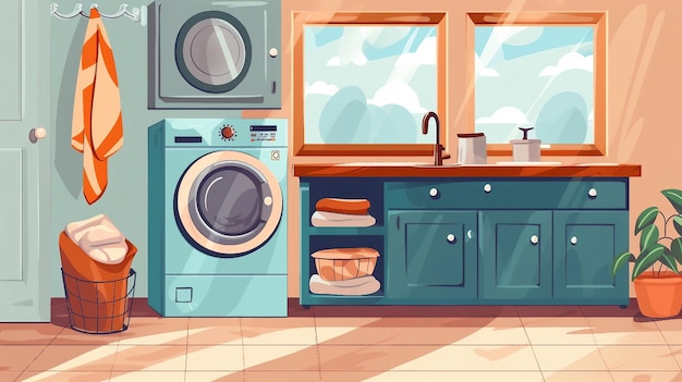 Lavanderia com máquina de lavar, secadora e outros itens ilustração gerada por IA