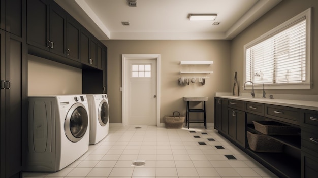 Lavanderia espaçosa em uma casa moderna, clássica, interior americana, lavadora, secadora, prateleiras, cabides e c