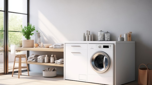Una lavandería limpia y ordenada que muestra una lavadora moderna con controles minimalistas IA generativa