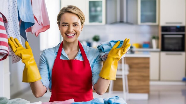 Lavandería limpieza y limpieza de la casa feliz ama de casa en delantal y guantes de goma