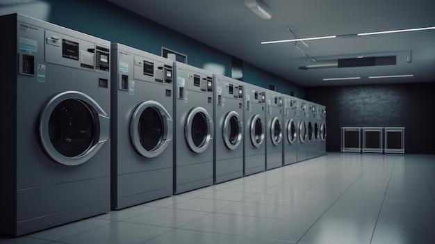 Lavanderias de negócios modernas enormes máquinas de lavar automáticas industriais ficam em fila em um mono espaçoso
