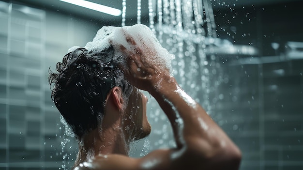 Foto lavando o cabelo em um banheiro elegante homem aplicando shampoo sob a água em cascata do