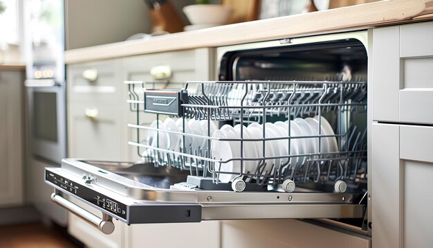 Lavaplatos abierto con platos limpios en la cocina blanca