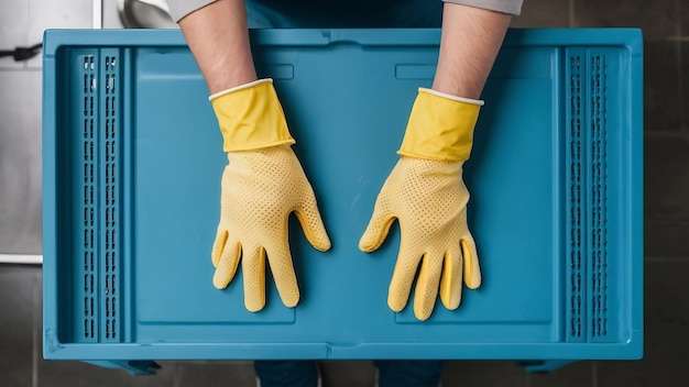 Foto lavaplatos con guantes amarillos en un azul