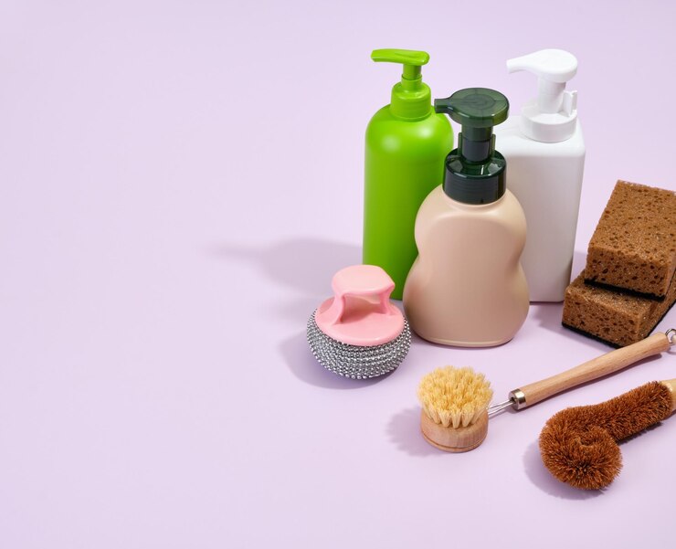 Foto lavar pratos com diferentes produtos de limpeza espaço de cópia para texto dispensadores de detergente verde-bege e branco