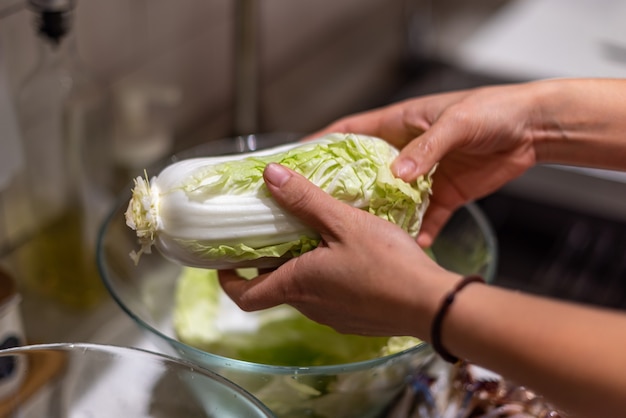 Lavar verduras, cortar carne, cocinar para la cena.