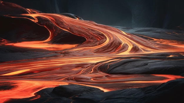 Lavastrom mit schwarzem Hintergrund und roter Lava