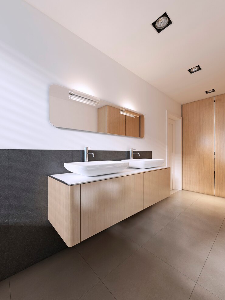 Foto lavatório de banheiro com espelho e dois lavatórios em estilo escandinavo. renderização 3d
