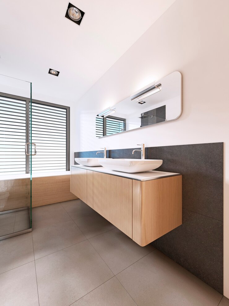 Foto lavatório de banheiro com espelho e dois lavatórios em estilo escandinavo. renderização 3d