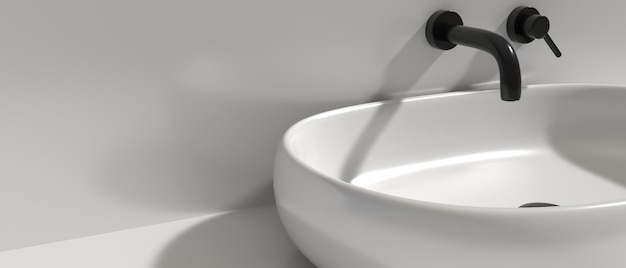 Lavatório e torneira interior do banheiro torneira preta e lavatório branco ilustração 3d