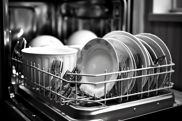 Lavavajillas abierto en la cocina con platos sucios o platos limpios después de lavar el interior