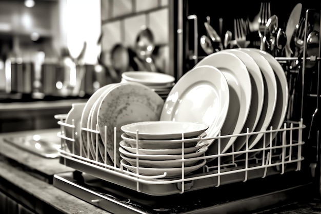 Foto lavavajillas abierto en la cocina con platos sucios o platos limpios después de lavar el interior