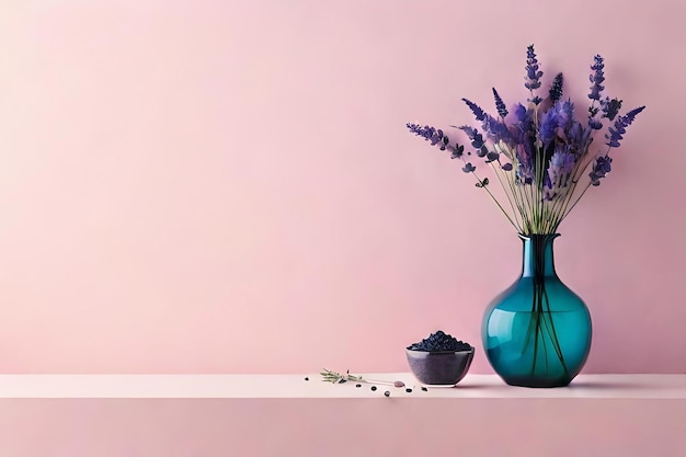 Lavendel-Vase-Arrangement auf hellrosa Hintergrund mit einer Metalldraht-Wandkunst als minimalistisches Dekor