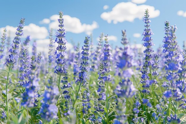 Lavendelblauer Himmel, sonnige weiße Wolken, die schwebend eine frische Frühlingsatmosphäre erzeugen