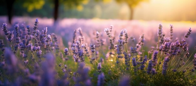 Lavendelblüten flogen blühend über die Sommerlandschaft, NahaufnahmeGenerative KI