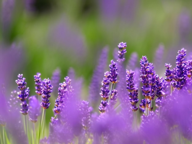 Lavendelblüten in der Nähe Schöne hohe lange lila und lila Lavendel Blütenstände Neigungsverschiebungsstil Anamorphe Bokeh Abstrakte Blumenillustration, generiert von KI Lavendelduft Sommerfeld