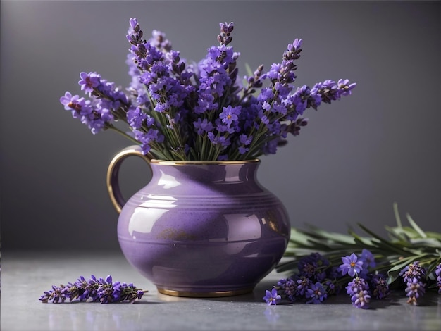 Lavendelblüten in Keramikvase auf grauem Hintergrund