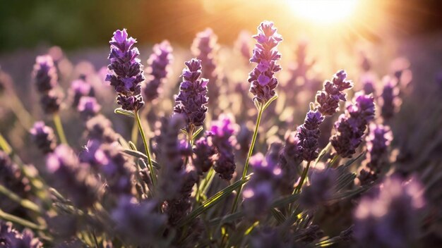 Lavendelblumen blühen bei Sonnenuntergang auf dem Feld.