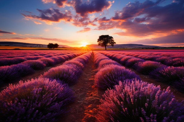 Lavendelfeld bei Sonnenuntergang Große Sommerlandschaft generative IA