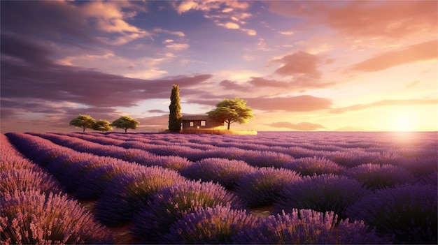 Lavendelfeld bei Sonnenuntergang Naturkomposition 3D-Rendering