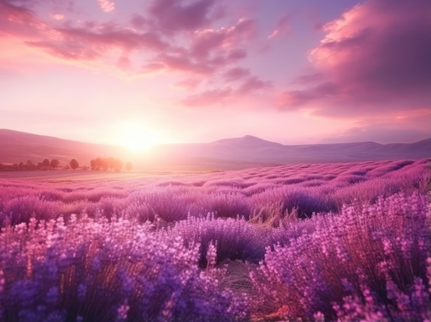 Lavendelfeld bei Sonnenuntergang und Landschaft