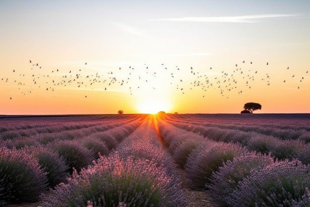 Lavendelfeld im Sonnenuntergang mit einem darüber fliegenden Vogelschwarm, erstellt mit generativer KI