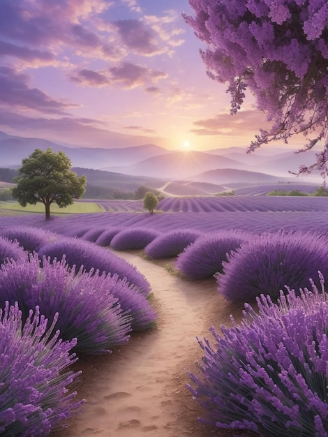 Foto lavendelfeld-sonnenuntergang und linien. wunderschöner, blühender lavendel mit duftenden blumen bei sonnenuntergang, 3d-illustration