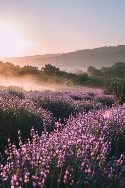 Lavendelfeld über Sommer-Sonnenaufgang Landschaft Generative KI