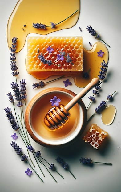 Lavendelhonig mit Honig frischer Lavendel weiße Oberfläche Konzept des natürlichen Honigs Lavendel