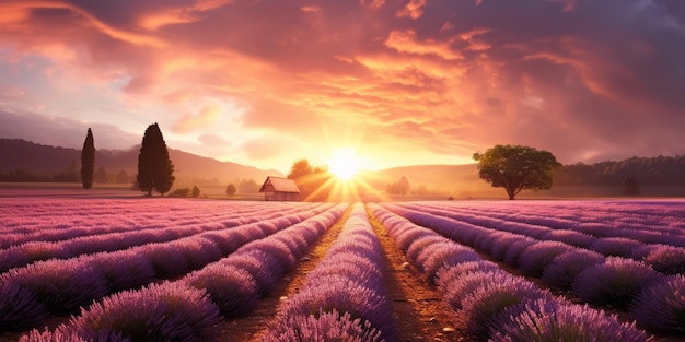 Lavendelträume in den Strahlen der generativen KI des französischen Sonnenuntergangs