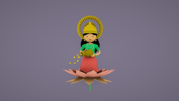 Laxmi 3D-Illustration Süßes Lakshmi Devi mit Goldmünze und Lotus-Cartoon-Bild 3D-Rendering