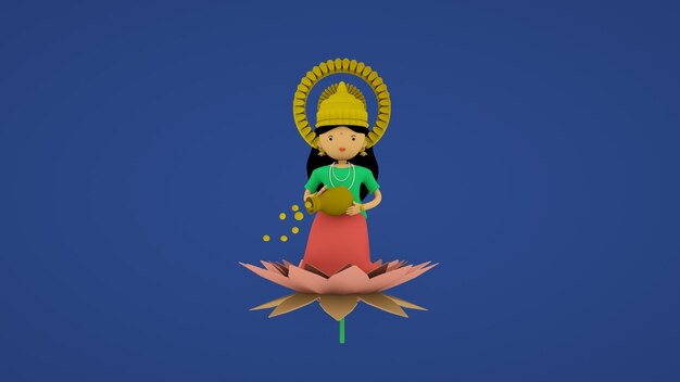 Laxmi 3D-Illustration Süßes Lakshmi Devi mit Goldmünze und Lotus-Cartoon-Bild 3D-Rendering