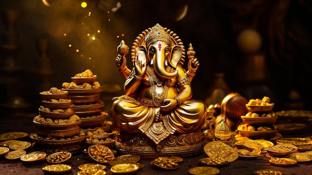 Foto laxmi señor ganesha monedas de oro adornos joyas y elefante