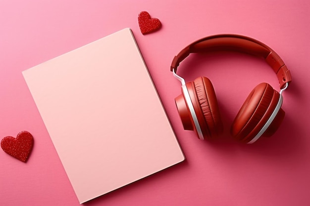 Lay plano de notebook vermelho coberto com fones de ouvido em fundo rosa AI generativa