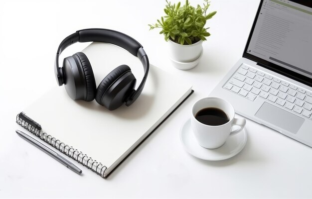 Layout com laptop, xícara de café, fones de ouvido, bloco de notas com caneta e planta de casa em fundo branco