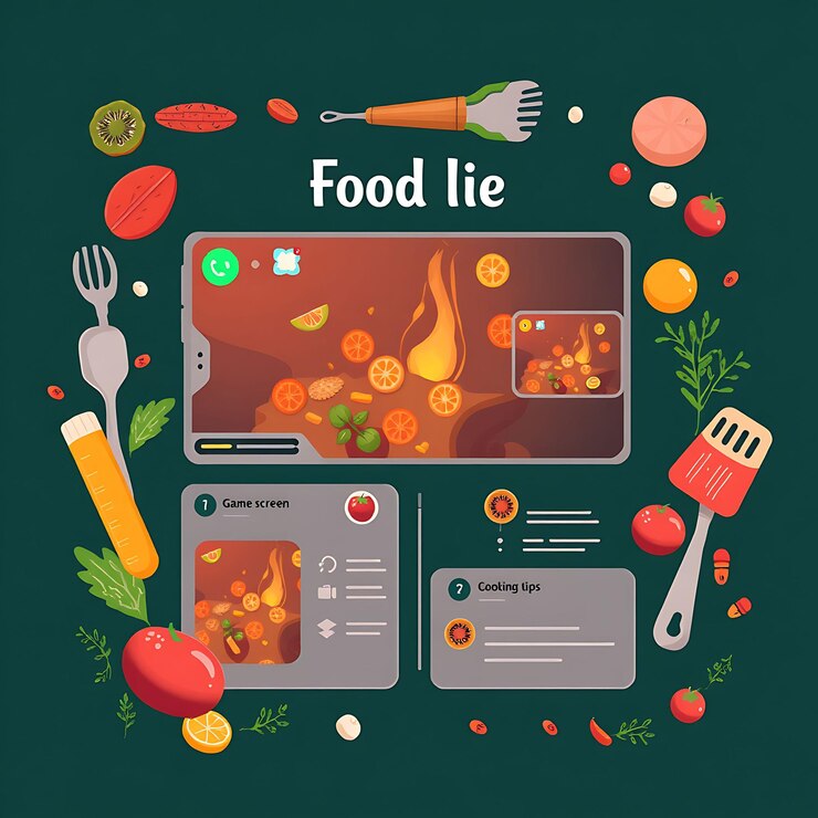 Foto layout de comida para un streamer culinario con colores apetitosos diseños de interfaz de juego de elementos alimenticios