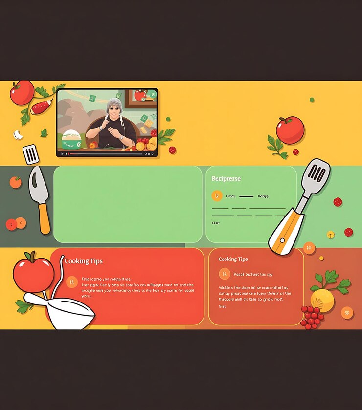 Foto layout de comida para un streamer culinario con colores apetitosos interfaz de juego creativo de comida e