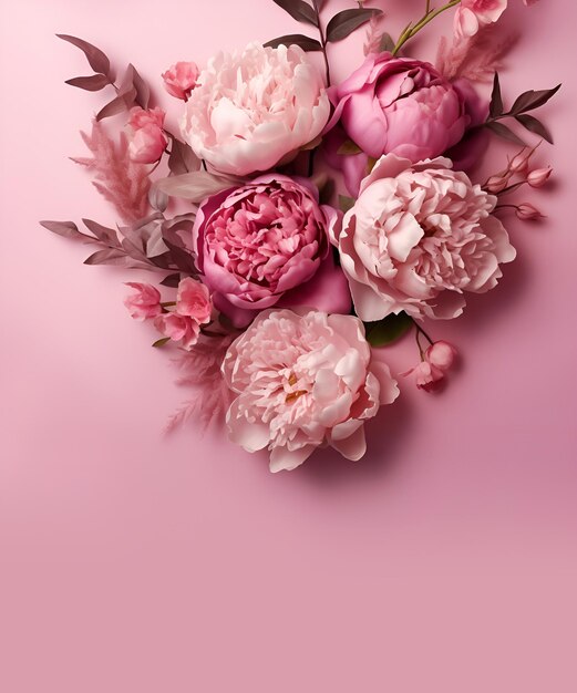 Foto layout criativo com flores cor de rosa dispostas em forma de coração