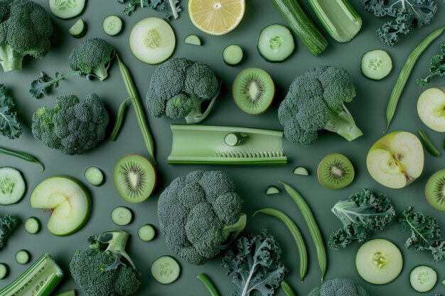 Layout criativo de alimentos com vegetais e frutas verdes em fundo verde
