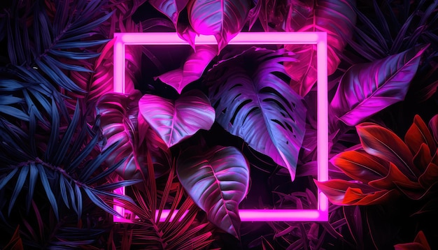 Layout criativo de cores fluorescentes feito de folhas tropicais com luz de néon quadrado IA gerativa