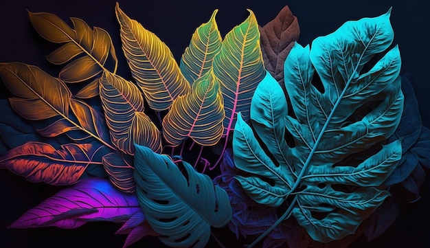 Layout criativo de cores fluorescentes feito de folhas tropicais Cores neon planas Conceito de natureza