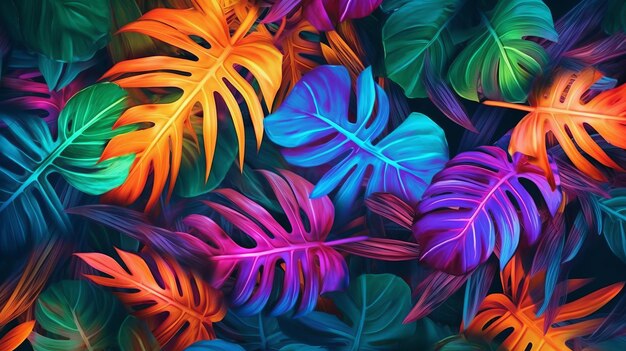 Foto layout criativo de cores fluorescentes feito de folhas tropicais generative ai