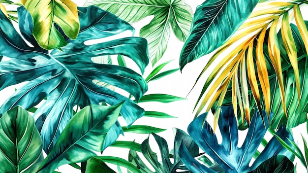 Layout criativo de flores tropicais e folhas de palmeira vista superior plano Concept for design