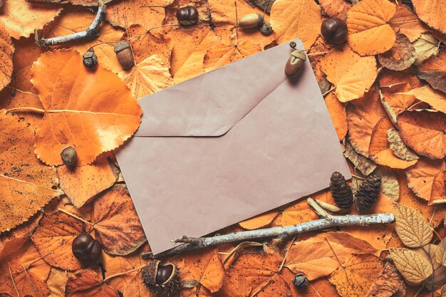 Layout criativo de outono com envelope postal e folhas secas, vista superior plana