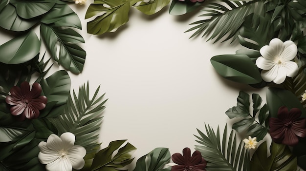 Layout criativo feito de folhas e flores tropicais Conceito de natureza plana leiga