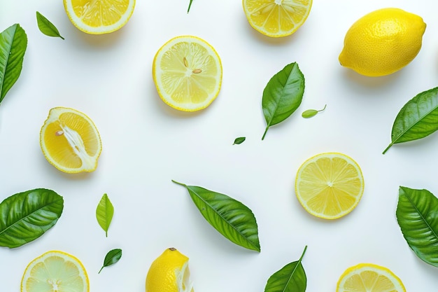 Layout criativo feito de limão e folhas Conceptos alimentares planos Limão em fundo branco
