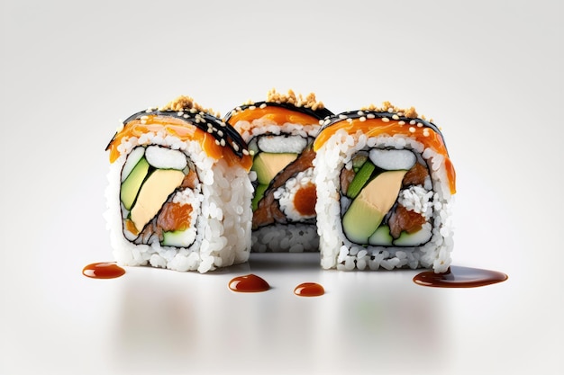 Layout criativo feito de sushi no fundo branco Geração de IA do conceito de comida