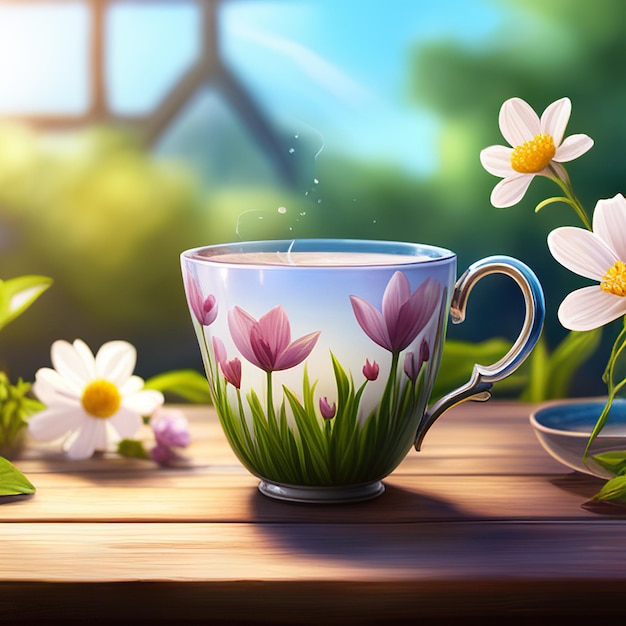 Foto layout criativo feito xícara de chá e flores em mesa de madeira em fundo desfocado em jardim generativo